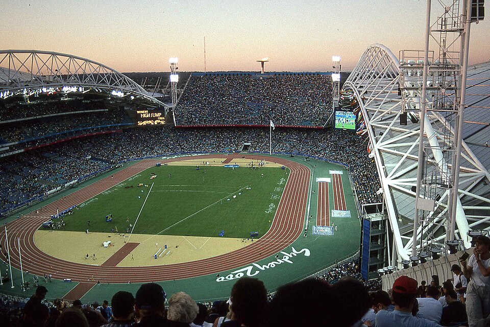 Competition in the women’s Olympic long jump final.