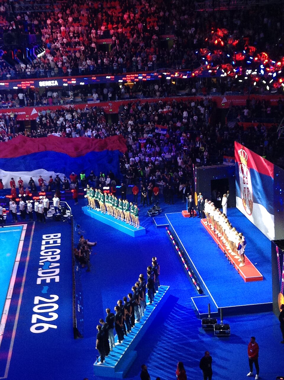 Serbia, Hungary and Greece at the medal ceremony after the Serbia–Hungary European water polo final in Belgrade on 25 January 2026