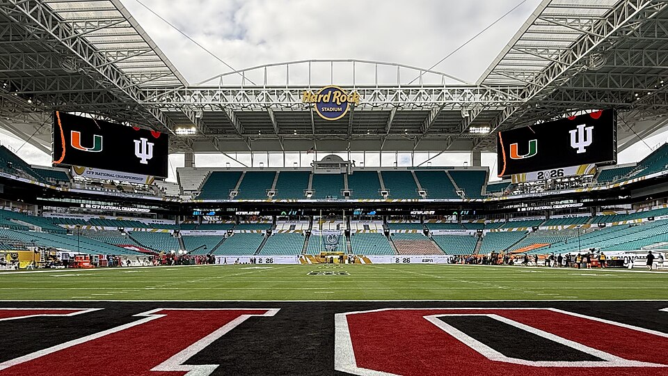 Hard Rock Stadium before the Indiana–Miami College Football Playoff final on 19 January 2026; pregame venue photograph, not match action