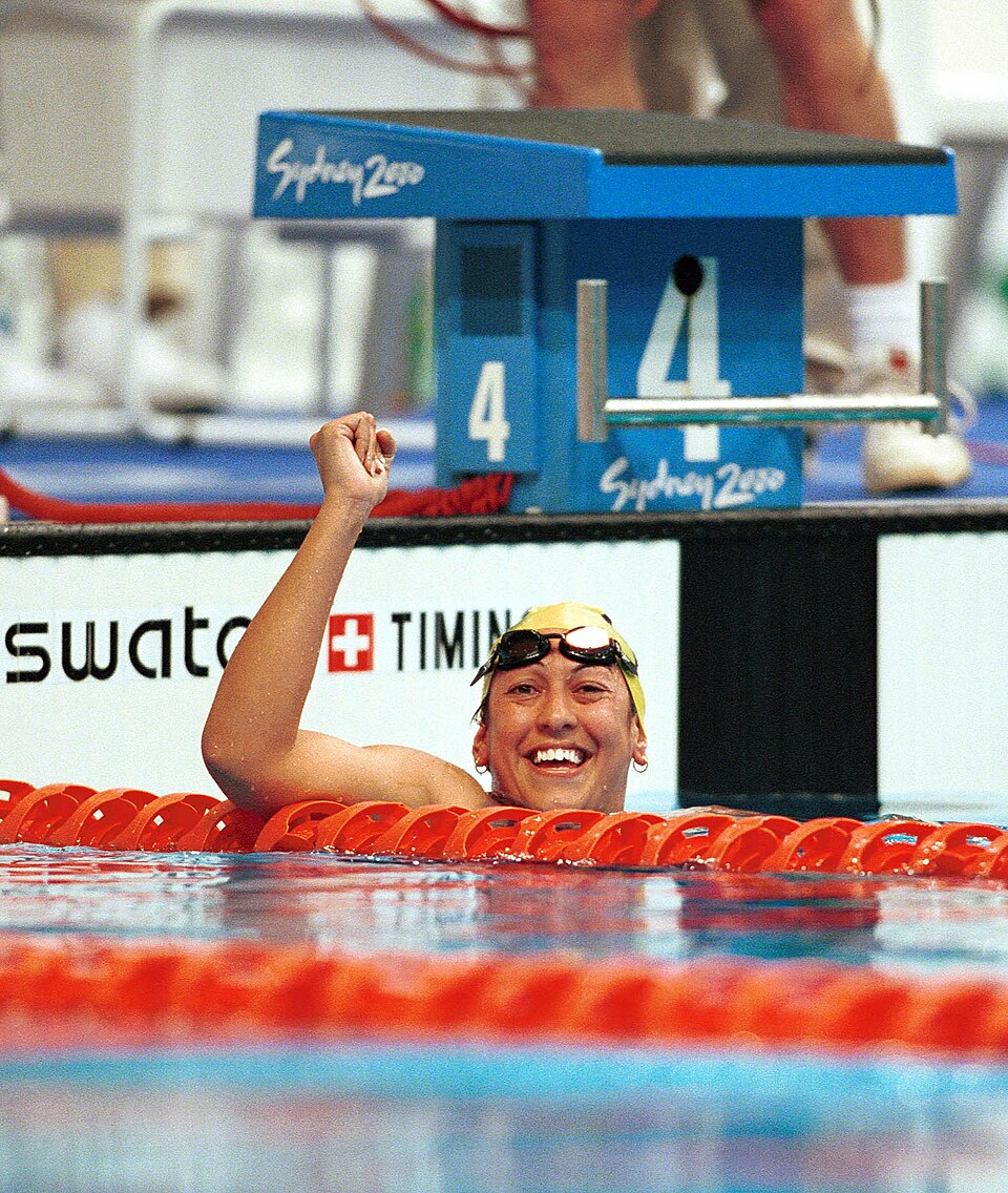 Priya Cooper at the Sydney 2000 Paralympics: Women's 400m freestyle S8; gold; pool-edge celebration