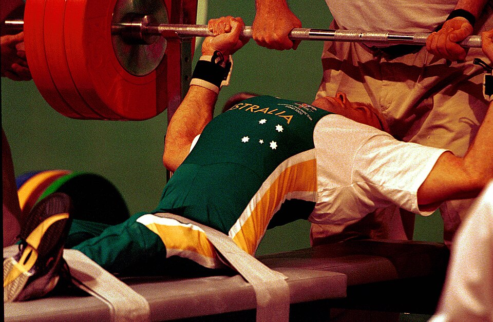 Richard Nicholson competes in the 60kg powerlifting category. Sydney 2000 Paralympics.