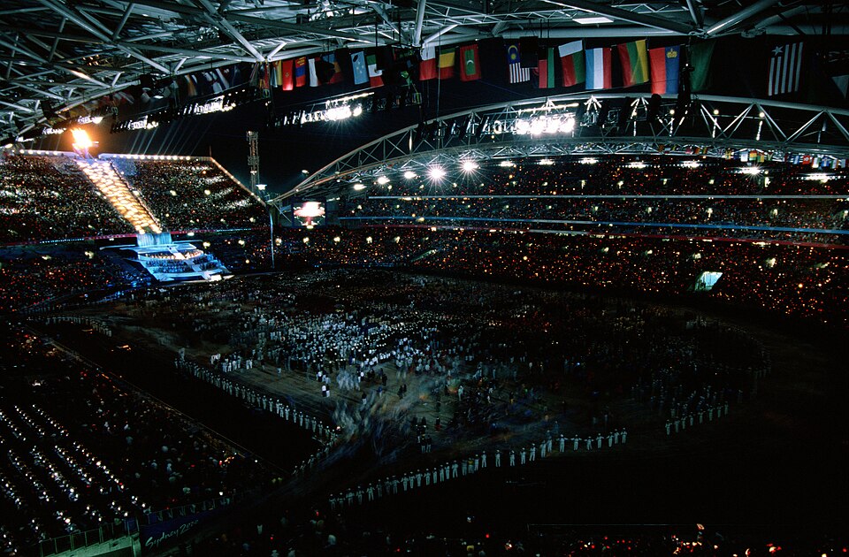 Athletes leaving Stadium Australia at the end of the Sydney 2000 opening ceremony, 15 September 2000