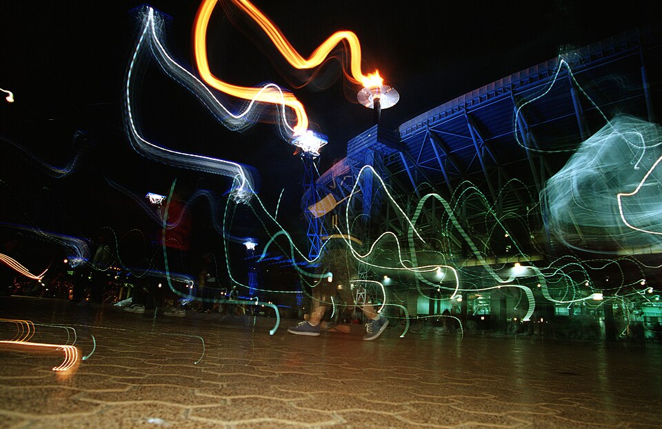 Stadium Australia after a rainstorm on 25 September 2000, the venue and date of Cathy Freeman’s Olympic 400m final; venue photograph, not race action