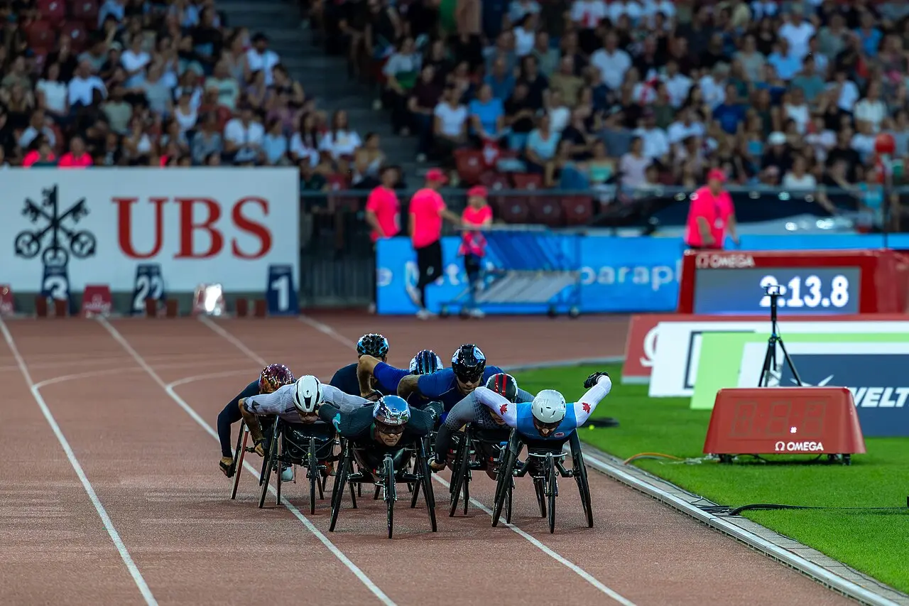 Marcel Hug racing to win the 1500 metre wheelchair race at Weltklasse Zürich in 2026
